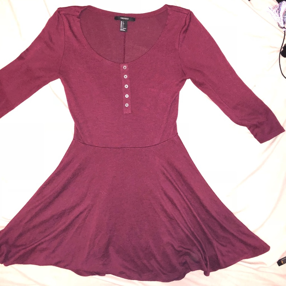 F21 long sleeve maroon cotton skater dress size s